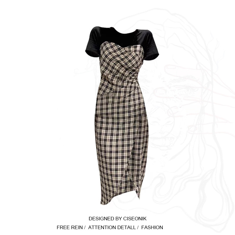 Large-yard female fat sister splicing plate dress female summer thin a word medium long skirt fake two irregular skirts