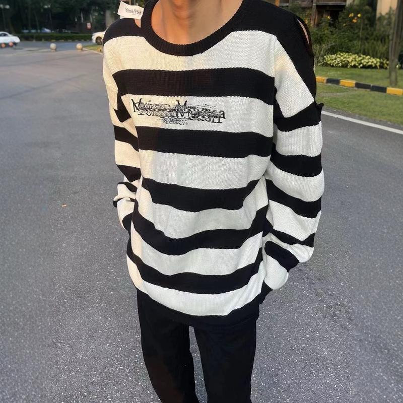 Fishing Independent Black and White Striped Versatile Printed Round Neck Embroidered Loose Sweater for Men and Women