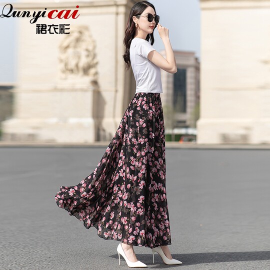 Summer Chiffon Skirt Mid-Length Retro Floral Skirt for Women with Large Hem Fairy Skirt Dancing Plus Size Long Skirt