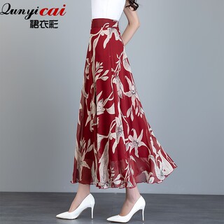 2025 Summer Chiffon Skirt Red Floral Slimming Long Skirt with Large Hem Plus Size Casual Dance Long Skirt for Women