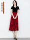 2025 New Summer Chiffon Red Ink Print Skirt for Women, High-Waisted Slim Midi Skirt, Dance Flared Skirt