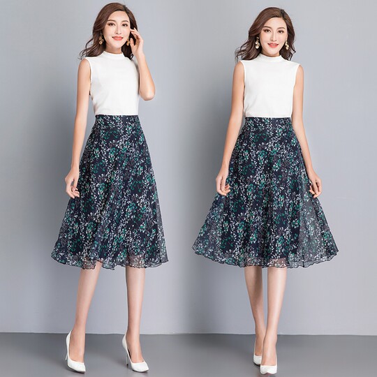 2026 Printed Chiffon Skirt Summer Thin Midi Skirt High Waist Large Hem Blue Floral Plus Size A-Line Short Skirt