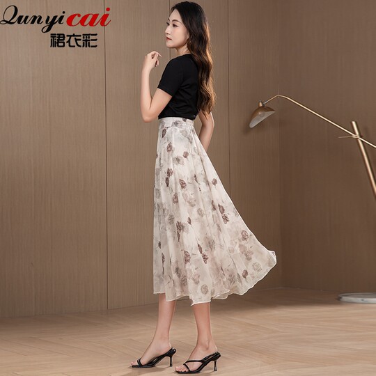 Skirt Women's Summer Mid-Length New Style Fresh Printed A-Line Skirt Slimming Look over the Knee Draped Holiday Chiffon Women's Mid-Skirt