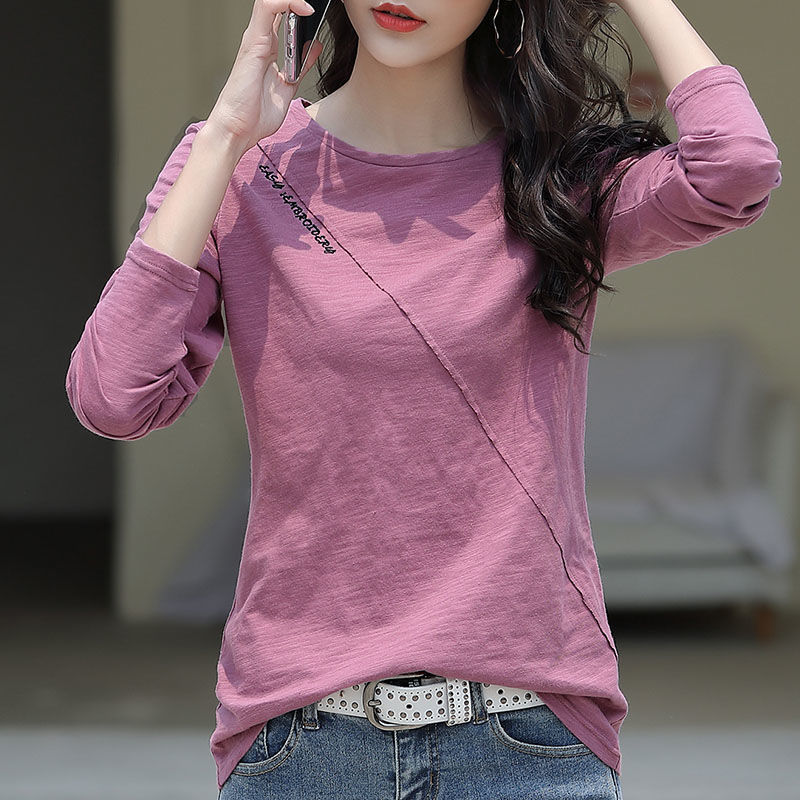 Bamboo Cotton Embroidered Long-Sleeved T-Shirt for Women 2026 Spring and Autumn New Style Loose and Versatile Top Casual Solid Color Base Shirt