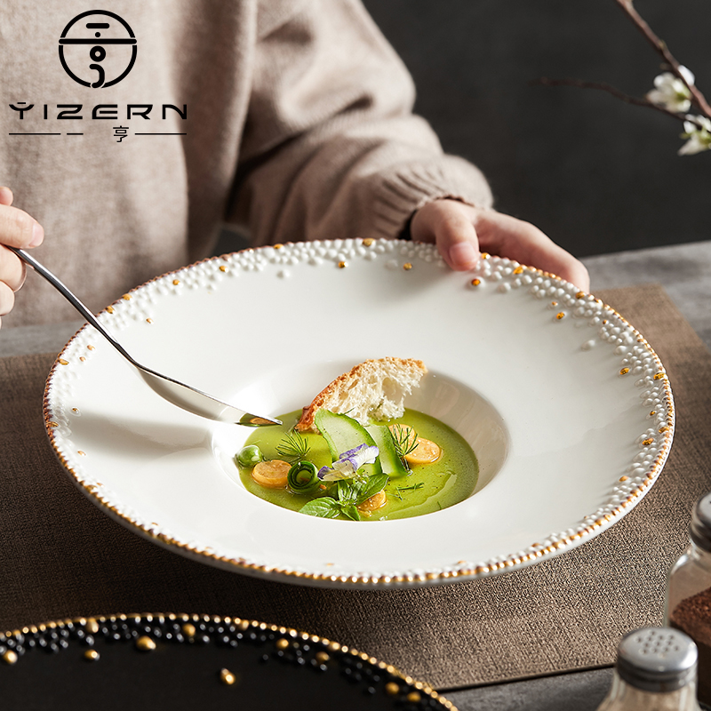 Yi Heng creative noodle plate Japanese handmade gold bead point salad bowl light luxury straw hat plate Western food plate high-grade tableware