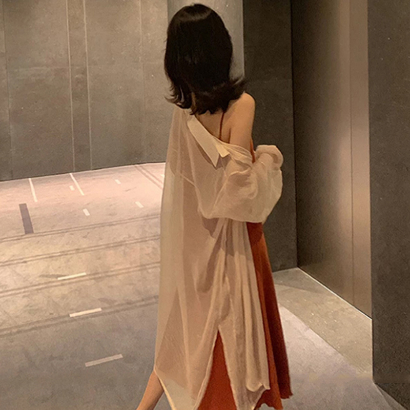 Thin Sun Protection Clothing for Women in Summer, High-End Long Transparent Shirt, Casual Vacation Style Loose Cardigan Outer Top