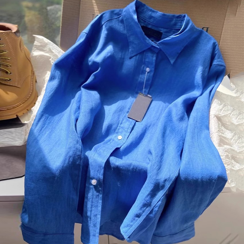 High-End Cotton and Linen Shirt for Women, Spring and Autumn Sun Protection Cardigan, French Retro Klein Blue Long-Sleeved Shirt, Linen Top