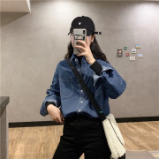 . Hàn Quốc retro mùa xuân dài tay áo sơ mi denim áo khoác phụ nữ và mùa thu cảng lỏng hương vị ins triều Hàn Quốc phiên bản màu đỏ ròng bên trong một trăm