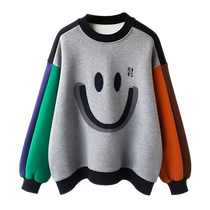 Trendy brand color-blocked velvet thickened sweatshirt for women 2023 autumn and winter new loose mid-length hooded jacket top