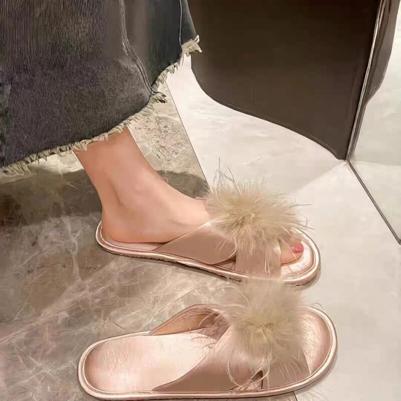 New French-Style Home Slippers for Women, Suitable for Bridesmaids and Brides, Morning Robes, Photo Shoots, Plush Slippers, High-End Wedding Slide Slippers