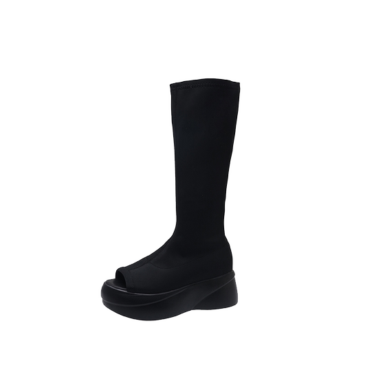 
Mansan's new fish mouth sponge cake stretch cloth boots for women's spring and summer slim high boots versatile breathable open-toe fashion boots