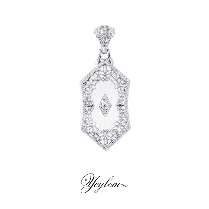 Yeylem | Lace Crystal Box·Vintage White Crystal Lace Style Carved Decorative Geometric 925 Silver Pendant