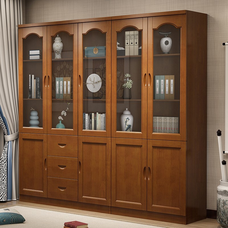 Chinese style solid wood bookcase overall combination with glass door simple modern study bookcase bookshelf wooden storage cabinet