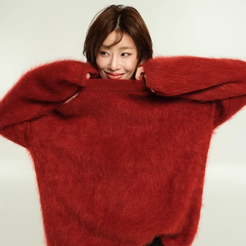 Furry Retro Red Loose Mohair Sweater for Women, New Winter Style, Lazy Style Loose Knitted Pullover Top