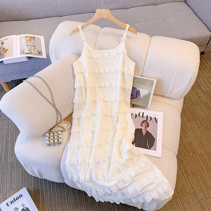 French-Style Ruffled White Spaghetti Strap Dress for Women, Summer 2026, Elegant and Gentle Style, Loose-Fitting Tiered Long Dress