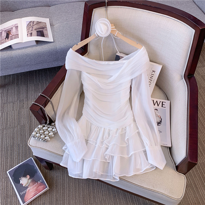 French-Style One-Shoulder Chiffon Dress for Women, Spring Style, Waist-Cinching, Ruffled Tiered Dress, Unique Floral Tie-Up Halter Neck Short Dress