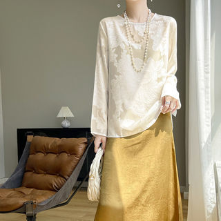 2025 New Style New Chinese-Style Acetate Satin Long-Sleeved Shirt for Women, Round Neck Retro Jacquard Top, Imitation Silk Base Shirt