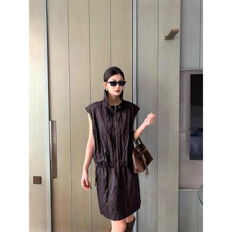 Z.C European Station 2026 Autumn New Korean Style Lapel Zipper Sleeveless Vest + High Waist Skirt Set for Women Trendy