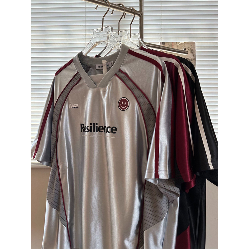 American Retro Sports Style V-Neck Jersey Satin Quick-Drying T-Shirt Loose Casual Couple Spliced Stripesd Short-Sleeved Top