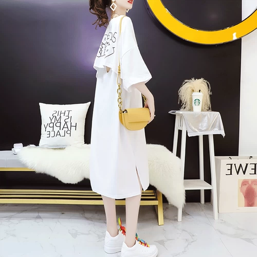 Летняя одежда, футболка с коротким рукавом, длинное платье, юбка, сезон 2021, в корейском стиле, большой размер, оверсайз, средней длины