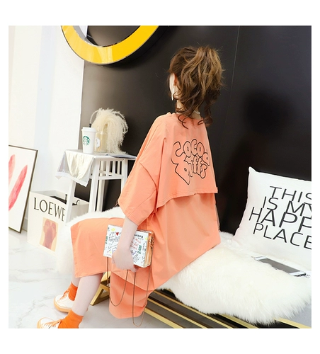 Летняя одежда, футболка с коротким рукавом, длинное платье, юбка, сезон 2021, в корейском стиле, большой размер, оверсайз, средней длины