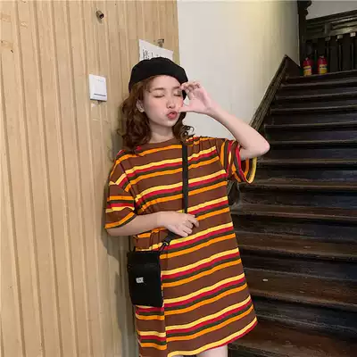 Large size T-shirt women's 2021 new summer wear ins round neck short sleeve t-shirt women's medium long version striped loose top women's