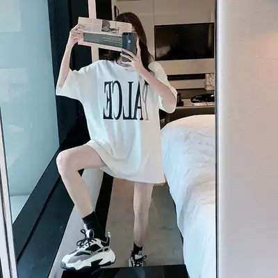 White T-shirt women's 2021 new summer medium and long version of the letter printing short-sleeved loose large size Korean version of the student top