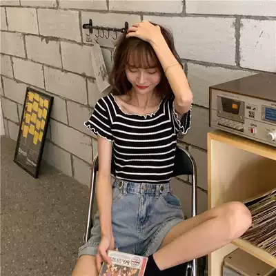 Striped T-shirt women short slim wooden ear collar sweater 2021 summer large size Korean version Joker knit short sleeve women