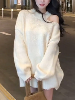 Fashionable white loose lazy off-shoulder knitted sweater for women autumn and winter new design temperament sweet and spicy top
