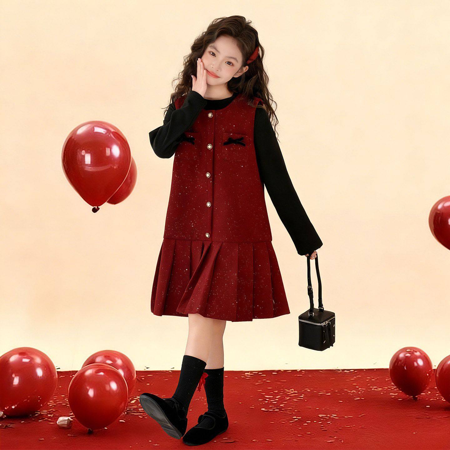 Новогодняя одежда для девочек, осенне-зимний костюм, новинка 2026 года, детский костюм-двойка в западном стиле красного цвета с маленьким ароматом для больших детей