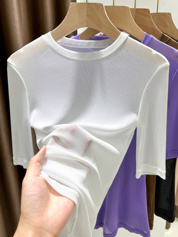 White Mesh Half-Sleeve T-Shirt for Women, New Summer Style, High-End Sheer Ice Silk Thin Gauze Short-Sleeve Lace Top