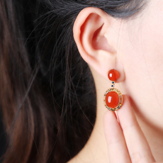 Серьги 高档18k金镶保山南红耳坠女 正品原矿冰红宝石耳环 高贵优雅耳饰