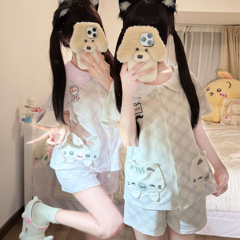 Xuefufu LAOSHU Cat Head Couple Summer New Cute Homewear Pajama Set Xuefufu LAOSHU Cat Head Couple Summer New Cute Homewear Pajama Set