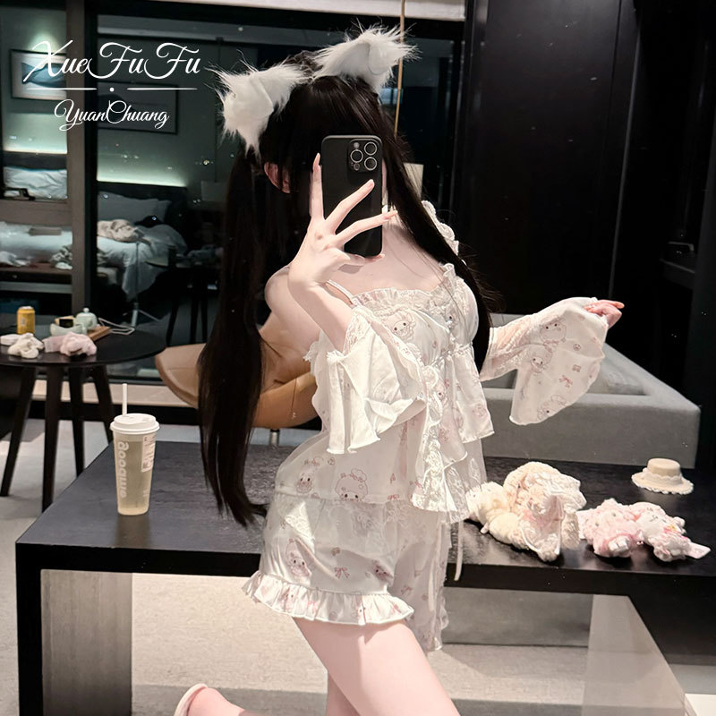 Xue Fufu Original Chef Lamb Summer Ice Silk Pajamas Thin Four-Piece Set for Girls Cute and Sweet Lolita