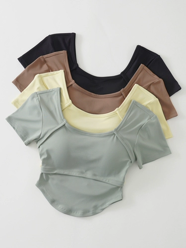 Одежда для йоги, спортивная футболка с коротким рукавом, вставки в бюстгальтер для спортзала, для бега, по фигуре, облегающий крой