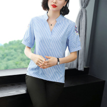 V Collar Stripe Short Sleeve T-Shirt Woman Loose Half Sleeve Shirt 2022 Summer Middle Aged Mother Cotton Linen Big Code Blouse