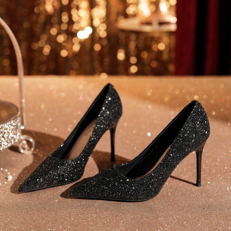 High-End Elegant Glitter Sequin Black High Heels Dress Shoes for Parties, Versatile Stiletto Heels for Commuting, 2024 White Moon High-End Elegant Glitter Sequin Black High Heels Dress Shoes for Parties, Versatile Stiletto Heels for Commuting, 2024 White Moon