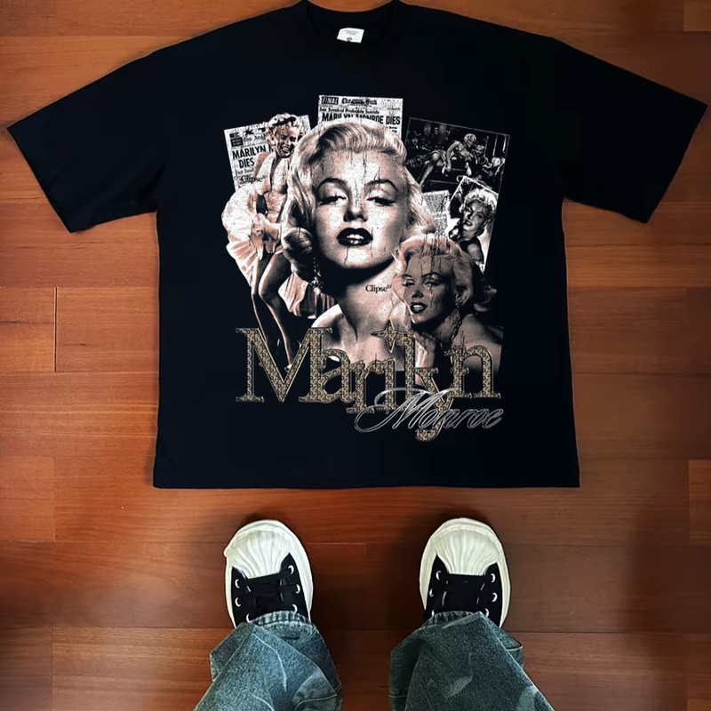 Marilyn Monroe Retro Style American Small Neckline Vintage Street Vtg Pure Cotton National Trend High Street Short and Long Sleeve T-Shirt