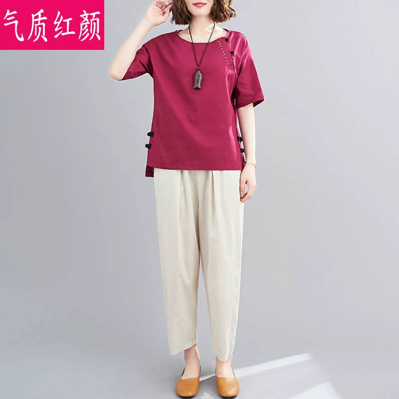 Quần harem vải cotton và lanh hai mảnh của phụ nữ mùa hè năm 2020 thời trang mới giảm tuổi tác ngắn tay quần chín điểm trên cùng bộ quần áo giản dị - Bộ đồ