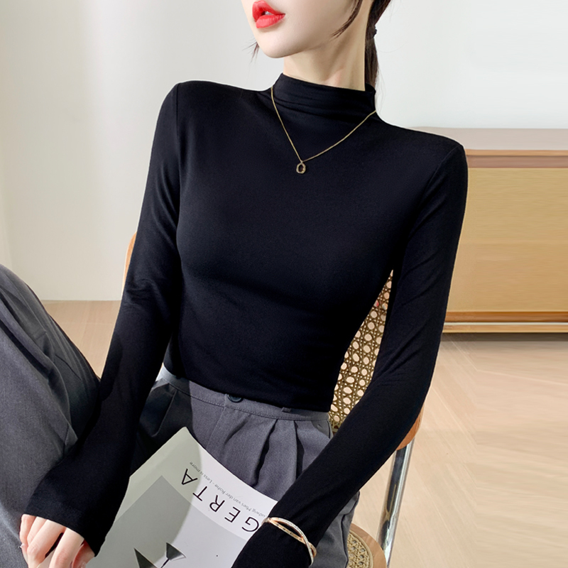 Modal Black Half-Turtleneck Base Shirt for Women, Spring and Autumn Long-Sleeve T-Shirt, Slim Fit, Stylish and Versatile Mid-Neck Top