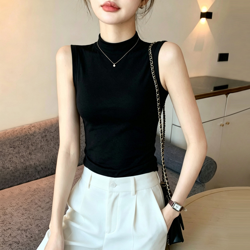 Black Tank Top for Women, Summer Outerwear, Slim Fit, Half-High Collar, Sleeveless T-Shirt, Inner Layer, Mid-Neck Base Shirt Top Black Tank Top for Women, Summer Outerwear, Slim Fit, Half-High Collar, Sleeveless T-Shirt, Inner Layer, Mid-Neck Base Shirt Top