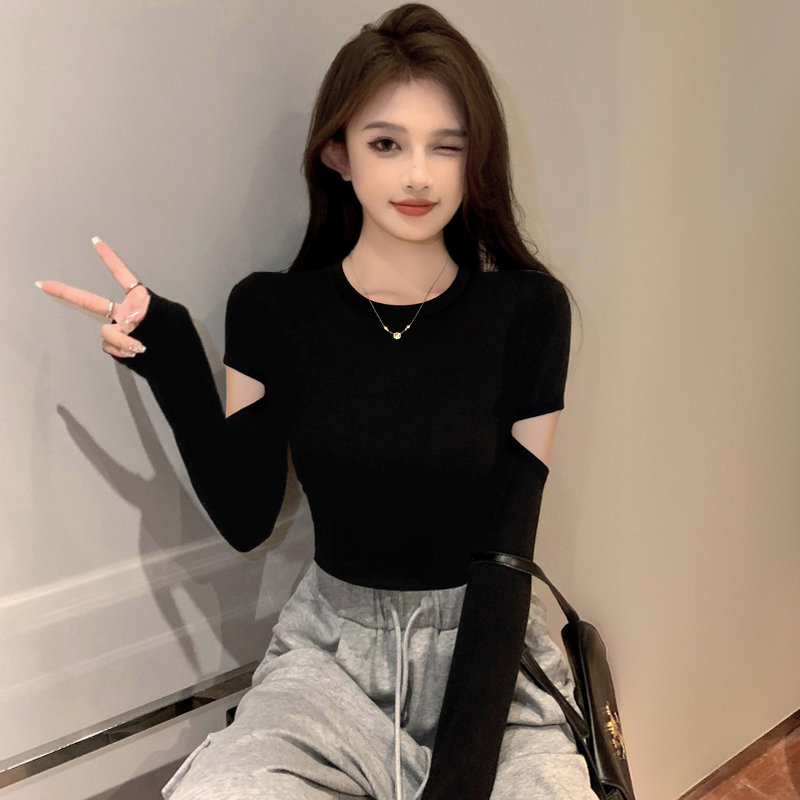 Threaded Black Round-Neck Base Shirt for Women, Spring and Autumn Inner Wear, Stylish Long-Sleeve T-Shirt, Tight-Fitting Design, Elbow-Revealing Top, Trendy