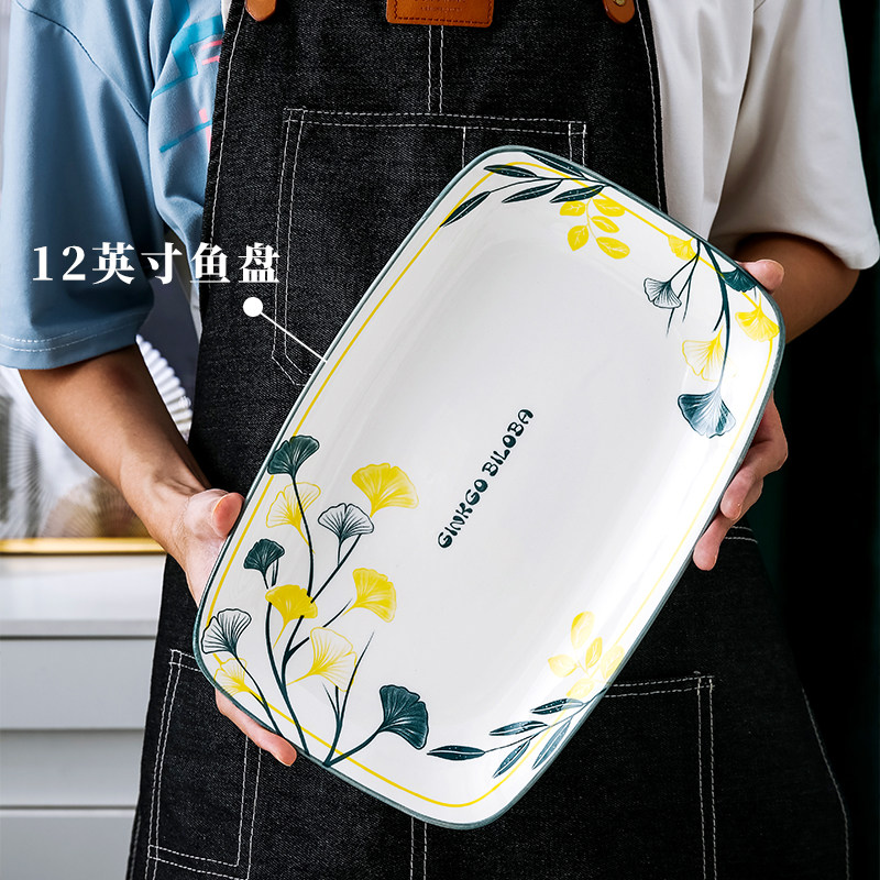 Ceramic bowl plate household creative steamed fish plate European deep plate soup bowl chopped pepper fish head rectangular square plate combination