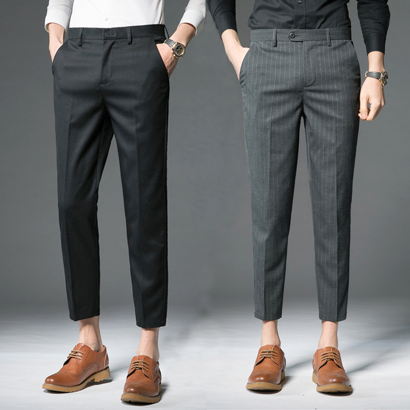 Men's Slim-Fit Cropped Dress Pants for Spring and Autumn, Casual Slim-Fit Suit Pants with Drape