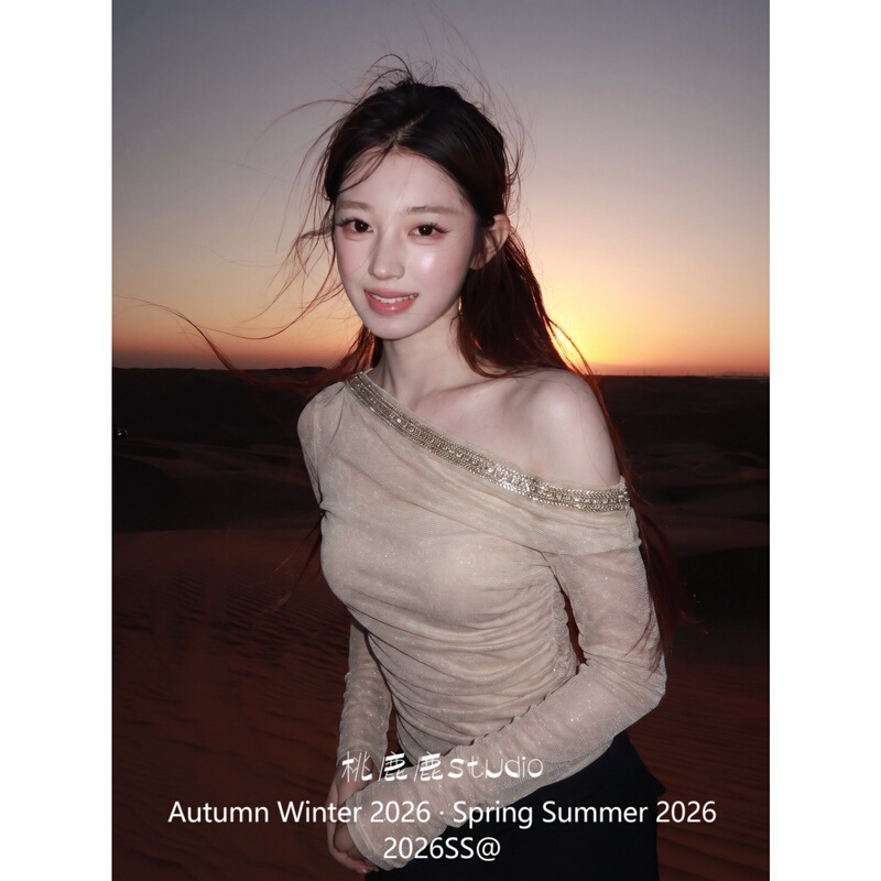 Peach Deer [Soft Fragrant Jade] 2026 New Style Elegant Slimming Shiny Rhinestone Mesh Asymmetrical Shoulder Long Sleeve T-Shirt Top for Women Autumn