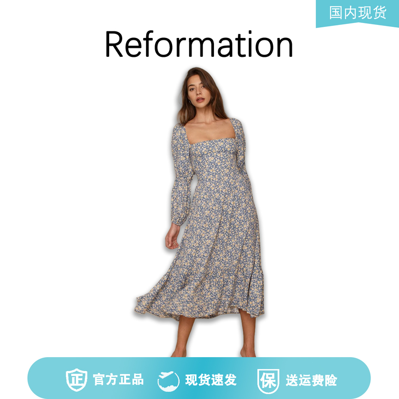 【Authentic in Stock】Reformation French Retro Square Neck Backless Large Hem Floral Long Sleeve Dress 【Authentic in Stock】Reformation French Retro Square Neck Backless Large Hem Floral Long Sleeve Dress