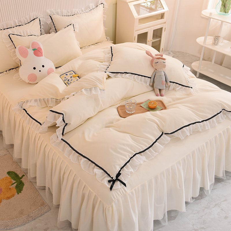 Korean style double-layer skirt four-piece set princess style pure cotton lace edge quilt cover pure cotton girl's heart nude sleeping sheet