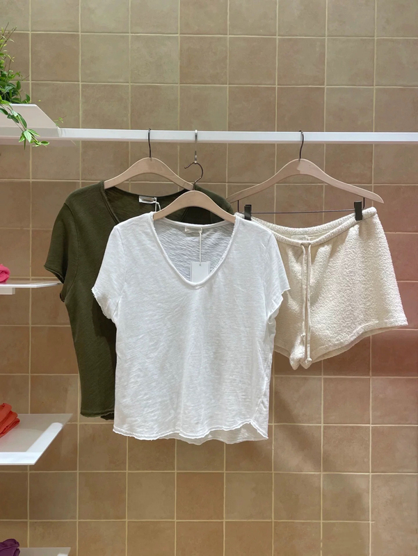 American Vintage Pure Original Zhang Ruonan Solid Color V-Neck Short-Sleeve Slub Cotton T-Shirt Brushed Sonoma