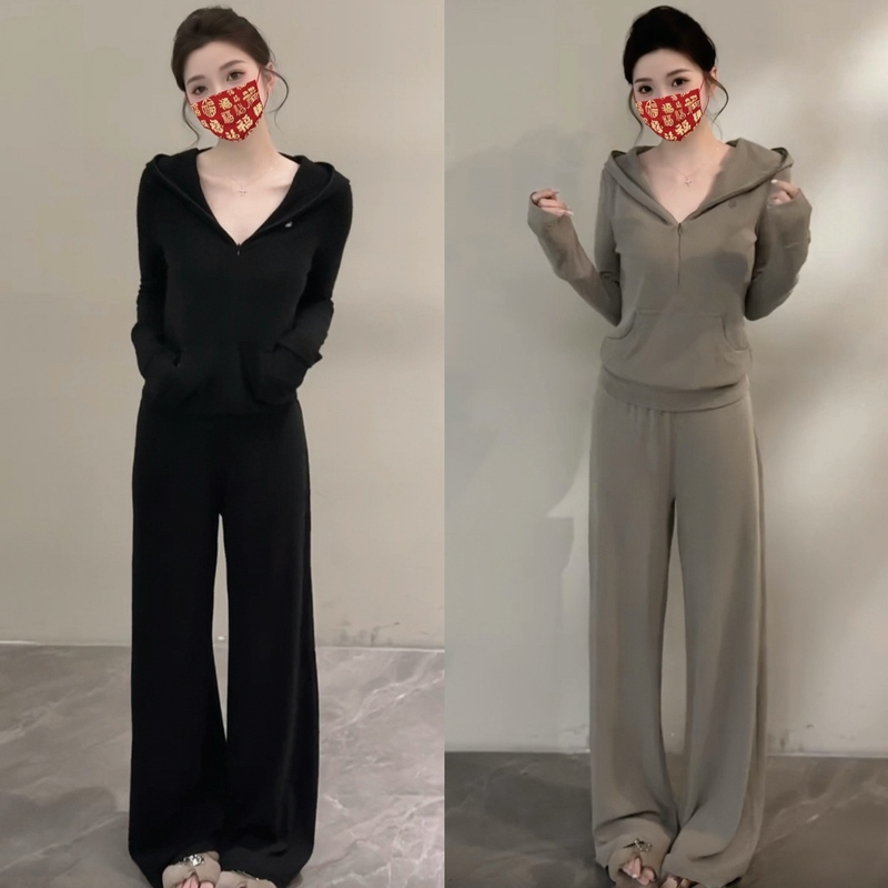 2026 Korean Style Fashion Casual Relaxed Outfit for Women, Autumn Elegant Slim-Fit Hooded Sweatshirt and Wide-Leg Pants Two-Piece Set