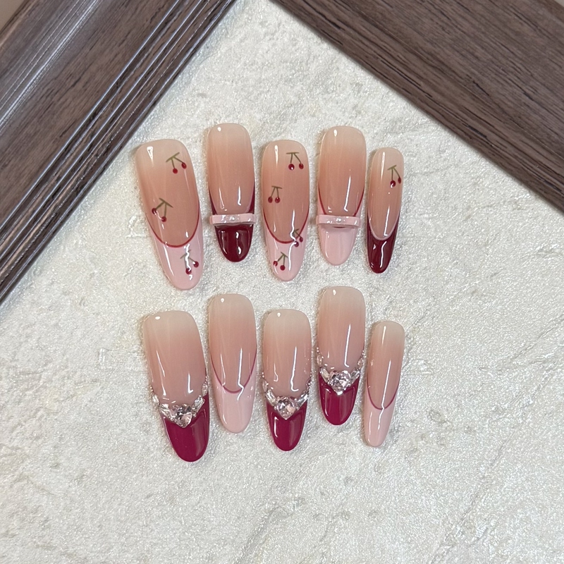 Purely Handmade Wearable Nails, French-Style Pink Cherry Bow Nail Stickers, Removable Fake Nail Pieces, Whitening and High-End Look
